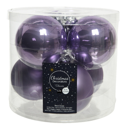 12x pcs glass christmas baubles heather lilac purple 8 cm matt/shiny