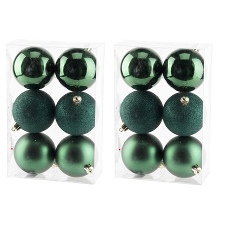 12x Dark green christmas baubles 8 cm plastic matte/shiny/glitter