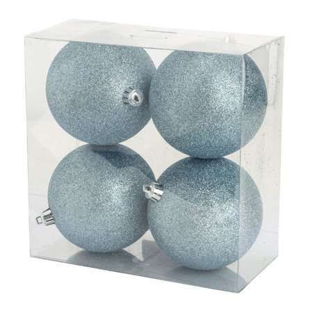 12x stuks kunststof glitter kerstballen ijsblauw 10 cm