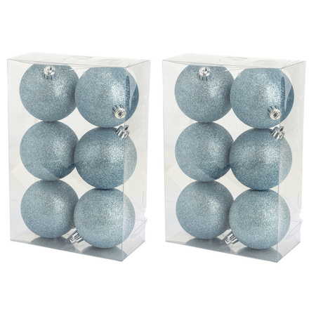 12x stuks kunststof glitter kerstballen ijsblauw 8 cm