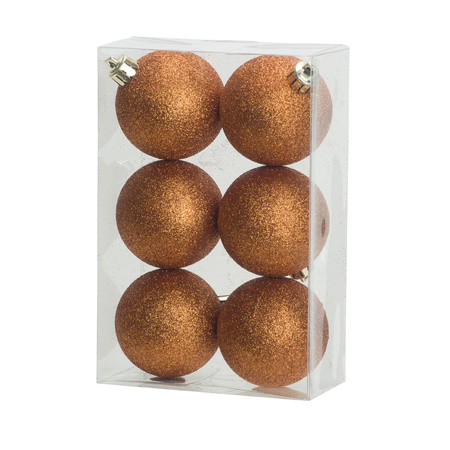 12x stuks kunststof glitter kerstballen oranje 6 cm