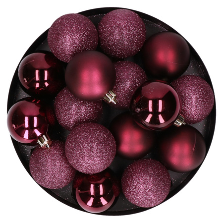 12x pcs plastic christmas baubles aubergine pink 6 cm matte/shiny/glitter