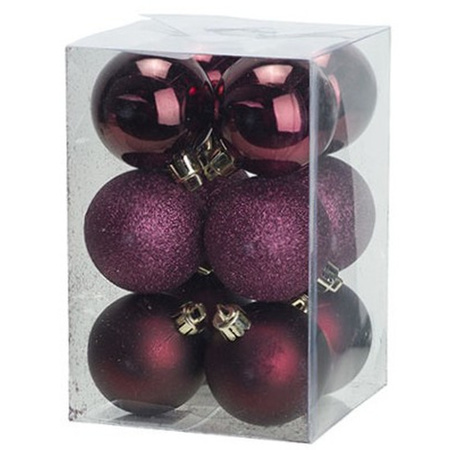 12x pcs plastic christmas baubles aubergine pink 6 cm matte/shiny/glitter