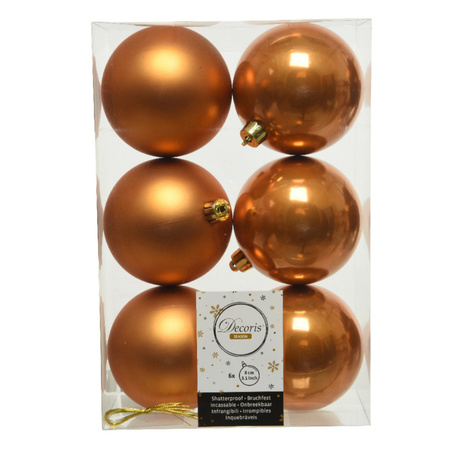 12x stuks kunststof kerstballen cognac bruin (amber) 8 cm glans/mat
