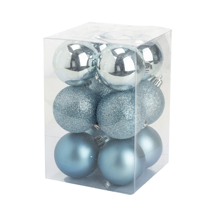 12x pcs plastic christmas baubles ice blue 6 cm matte/shiny/glitter