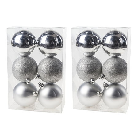 12x Zilveren kerstballen 8 cm kunststof mat/glans/glitter