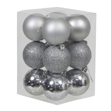 12x Silver Christmas baubles shiny/matt/glitter 6 cm plastic