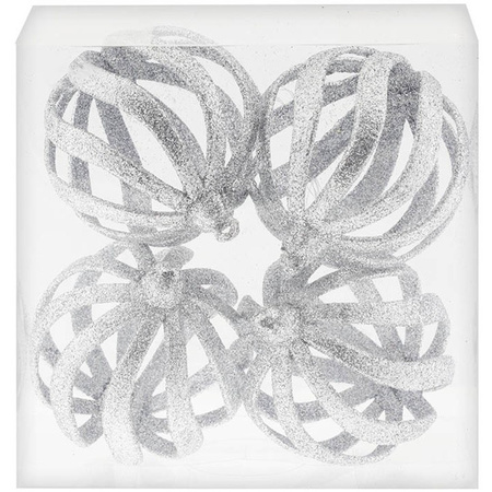 12x Zilveren open draad kerstballen met glitters kunststof 8 cm