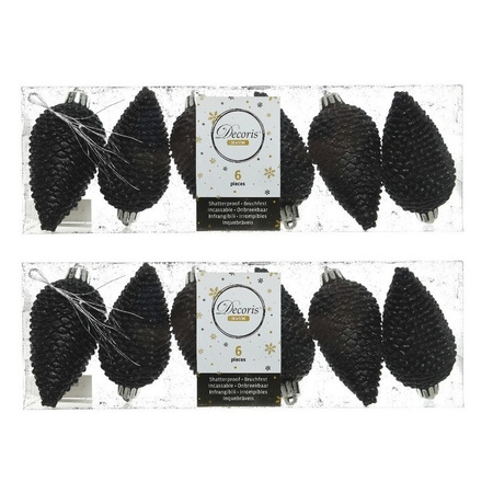 12x Black pinecones Christmas baubles 8 cm plastic glitter