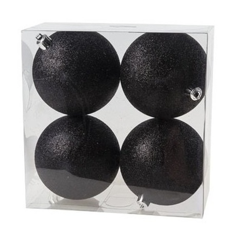 12x Zwarte glitter kerstballen 10 cm kunststof
