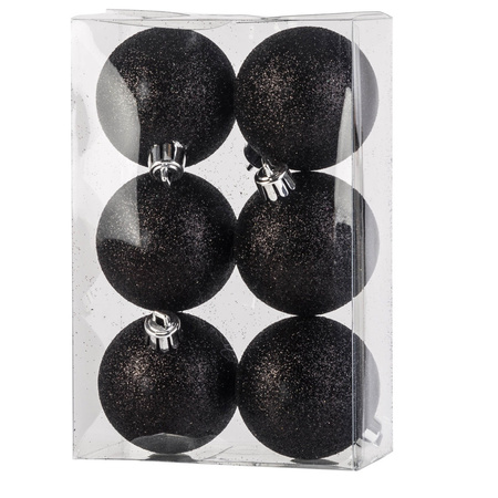 12x Zwarte glitter kerstballen 6 cm kunststof