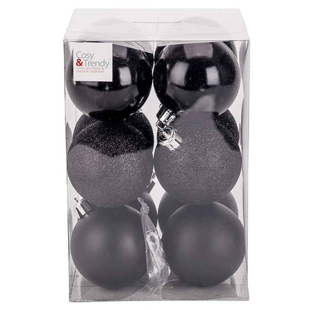 12x Zwarte kerstballen 6 cm kunststof mat/glans
