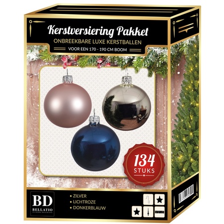 134 stuks Kerstballen mix zilver-roze-blauw voor 180 cm boom