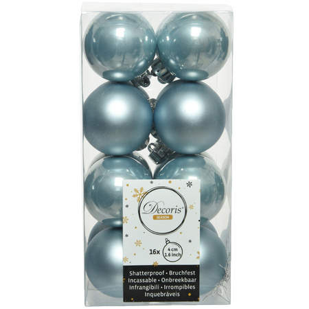 16x stuks kunststof kerstballen lichtblauw 4 cm glans/mat