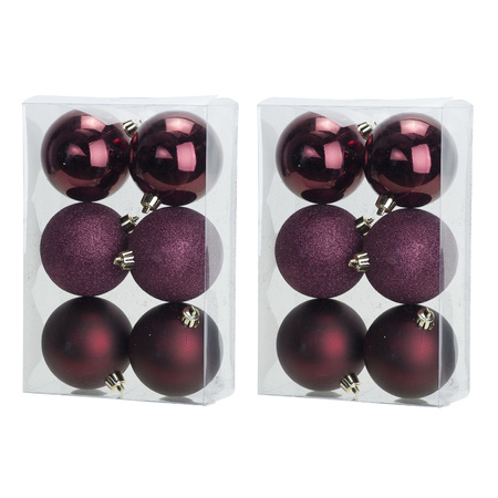 18x Aubergine roze kerstballen 8 cm kunststof mat/glans/glitter