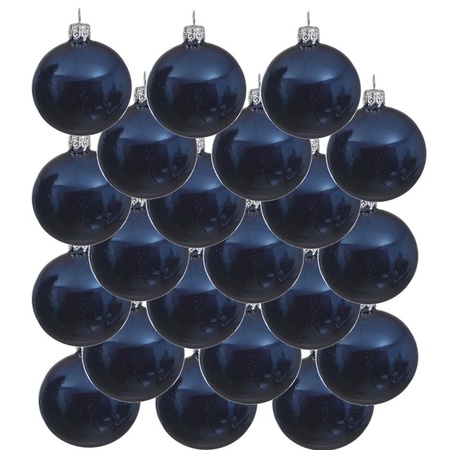 18x Dark blue glass Christmas baubles 8 cm shiny