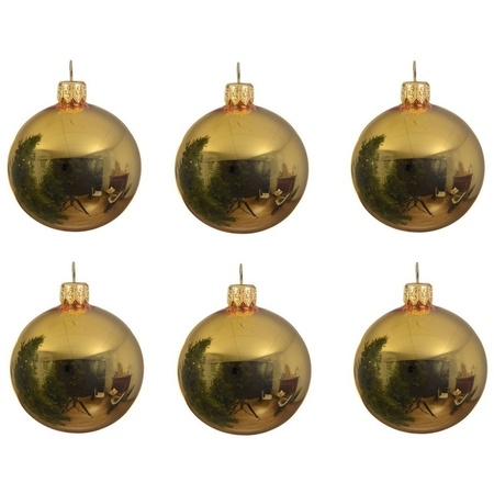 18x Gold glass Christmas baubles 8 cm shiny