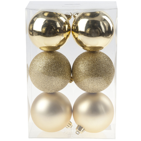18x Gold Christmas baubles 8 cm plastic matte/shiny/glitter