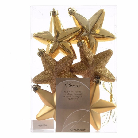 18x Gold stars Christmas baubles 7 cm plastic glitter