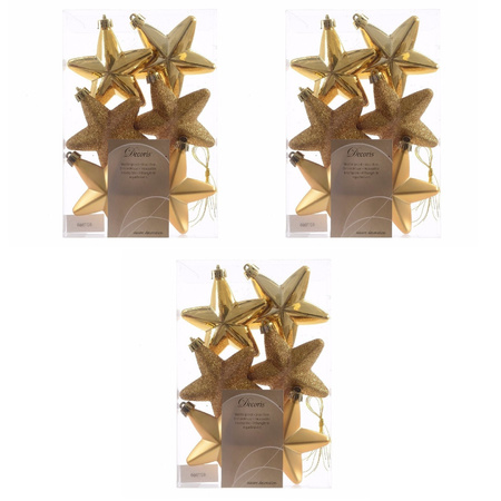 18x Gold stars Christmas baubles 7 cm plastic glitter