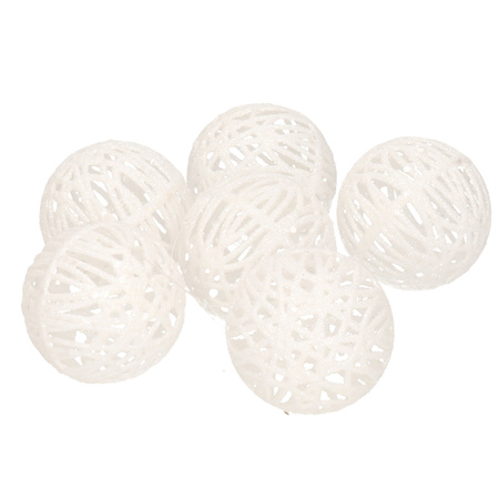 18x Rattan christmas baubles white with glitter 5 cm tree decoration