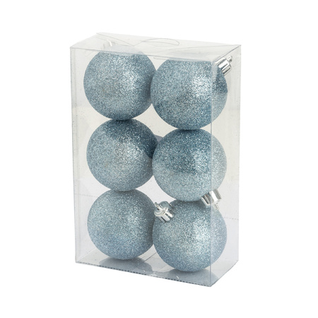 18x stuks kunststof glitter kerstballen ijsblauw 6 cm