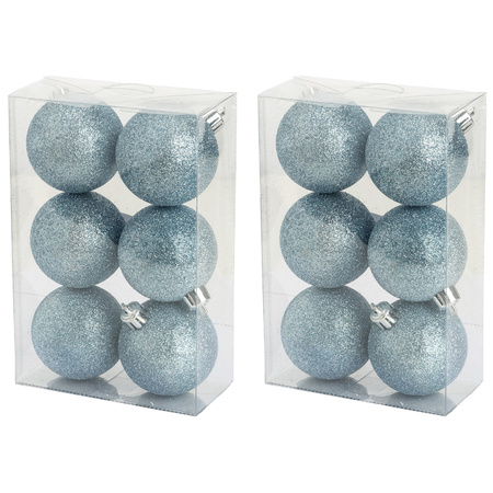 18x stuks kunststof glitter kerstballen ijsblauw 6 cm