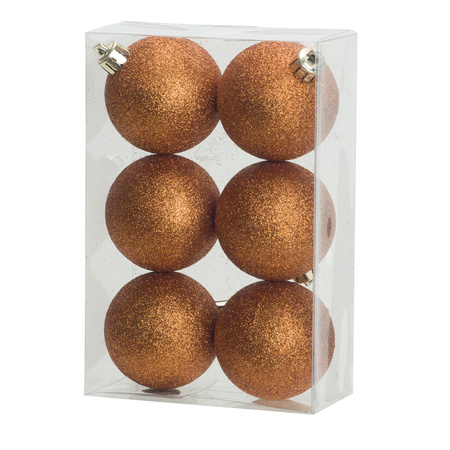 18x stuks kunststof glitter kerstballen oranje 8 cm