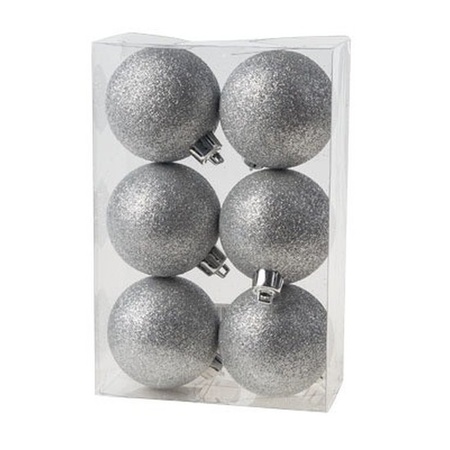 18x Zilveren glitter kerstballen 6 cm kunststof
