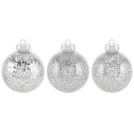 18x Zilveren glitter kerstballen 8 cm kunststof