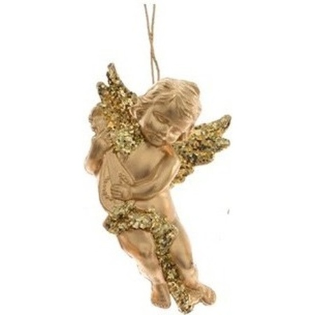 1x Gouden engel met lute kerstversiering hangdecoratie 10 cm