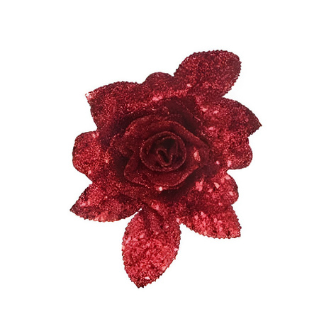 Christmas tree deco red glitter rose on clip 15 cm