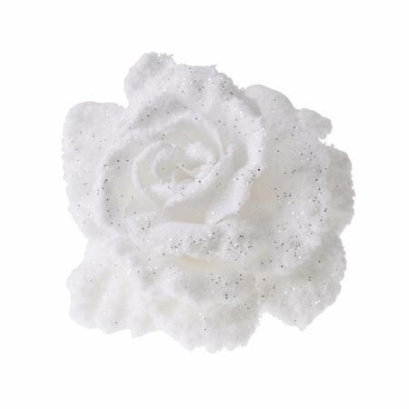 1x Kerstboomversiering bloem op clip wit en besneeuwd 10 cm