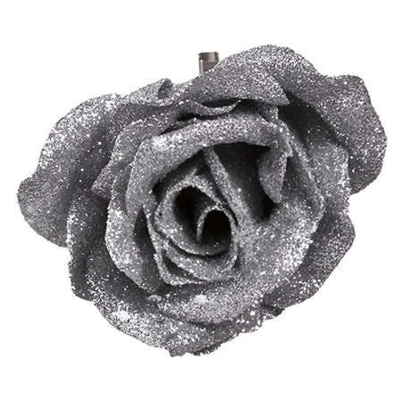 1x Kerstboomversiering bloem op clip zilver en besneeuwd 9 cm