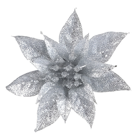 Christmas tree deco silver glitter poinsettia on clip 15 cm