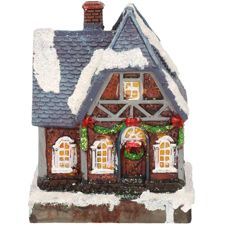 1x Polystone kersthuisjes/kerstdorpje huisjes blauw dak met verlichting 13,5 cm