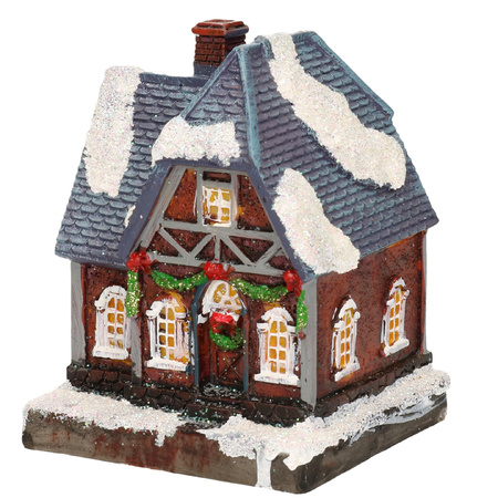 1x Polystone kersthuisjes/kerstdorpje huisjes blauw dak met verlichting 13,5 cm