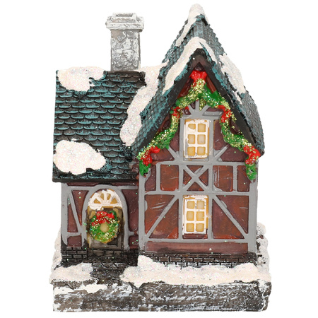 1x Polystone kersthuisjes/kerstdorpje huisjes grijze schoorsteen met verlichting 13,5 cm