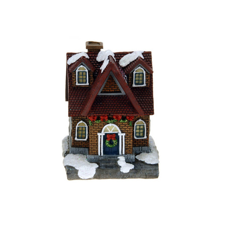 1x Polystone kersthuisjes/kerstdorpje huisjes rood dak met verlichting 13,5 cm