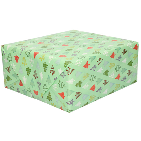 1x Rolls Christmas wrapping paper light green/coloured trees 2,5 x 0,7 meter