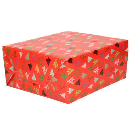 1x Rolls Christmas wrapping paper red/coloured trees 2,5 x 0,7 meter