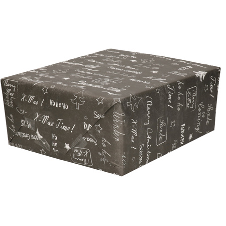 1x Rolls Christmas wrapping paper black/white crayon texts 2,5 x 0,7 meter