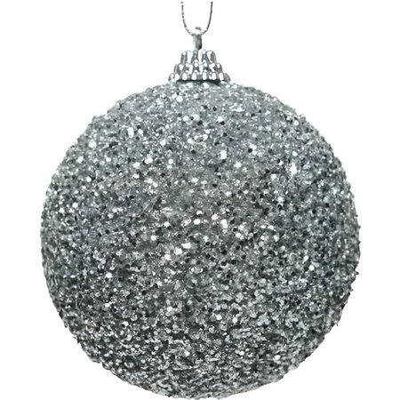 1x Silver glitter beads Christmas baubles 8 cm plastic
