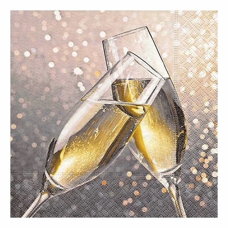 Servettenhouder met Nieuwjaars servetten champagneglas goud