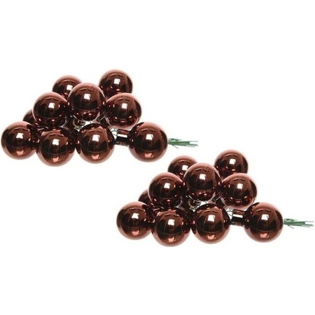 20x Mahogany brown glass mini baubles on wires 2,5 cm shiny