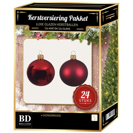 24 Stuks glazen Kerstballen pakket donkerrood 6 cm
