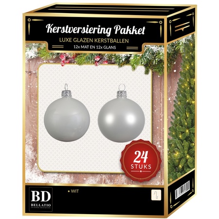 24 Stuks glazen Kerstballen pakket winter wit 6 cm