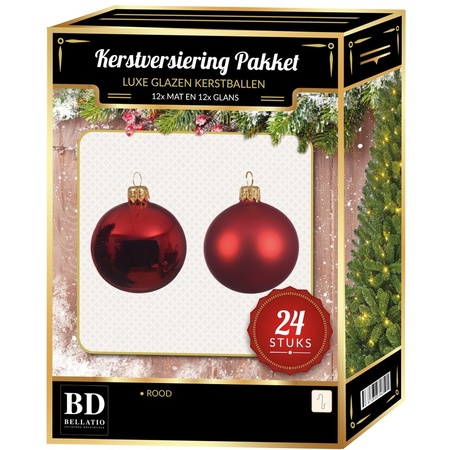 24 Stuks mix glazen Kerstballen pakket kerst rood 6 en 8 cm
