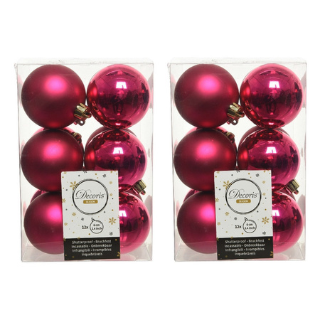 24x Berry pink Christmas baubles 6 cm plastic matte/shiny