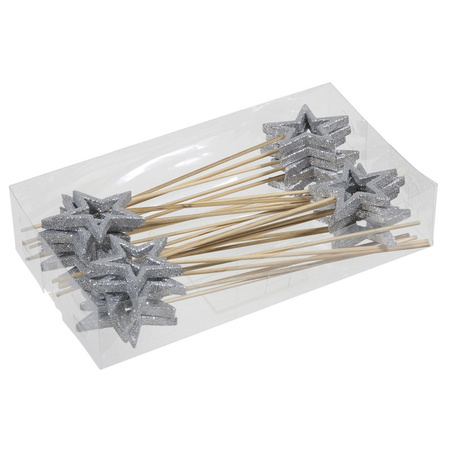 24x Silver open stars on wires 6 cm plastic
